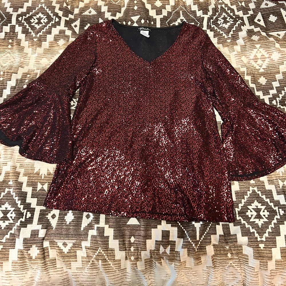 Sequin V-Neck Bell Sleeve Top